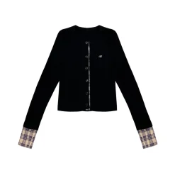 AsGony Retro Plaid Patchwork Slim Knit Cardigan Black