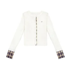AsGony Retro Plaid Patchwork Slim Knit Cardigan White