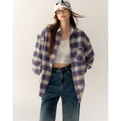 AsGony Retro Raw Edge Distressed Plaid Shirts Blue