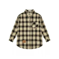 AsGony Retro Raw Edge Distressed Plaid Shirts Black