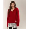 AsGony Retro V-Neck Casual Knit Sweater Red