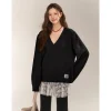 AsGony Retro V-Neck Casual Knit Sweater Black