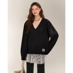 AsGony Retro V-Neck Casual Knit Sweater Black