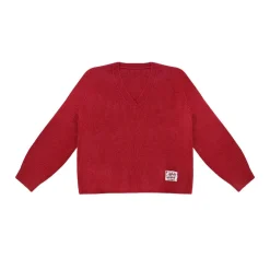 AsGony Retro V-Neck Casual Knit Sweater Red