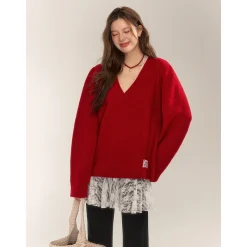 AsGony Retro V-Neck Casual Knit Sweater Red