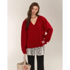 AsGony Retro V-Neck Casual Knit Sweater Red