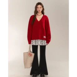 AsGony Retro V-Neck Casual Knit Sweater Red