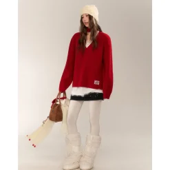 AsGony Retro V-Neck Casual Knit Sweater Red