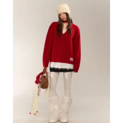 AsGony Retro V-Neck Casual Knit Sweater Red