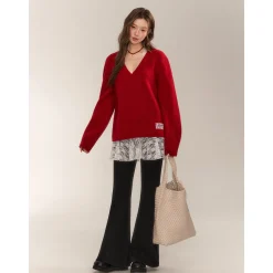AsGony Retro V-Neck Casual Knit Sweater Red