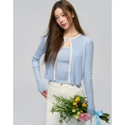 AsGony Shell Edge Embroidery Knit Cardigan Slip Vest Set Blue