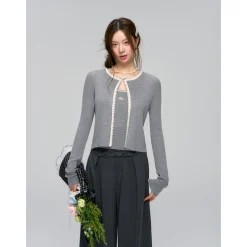 AsGony Shell Edge Embroidery Knit Cardigan Slip Vest Set Gray