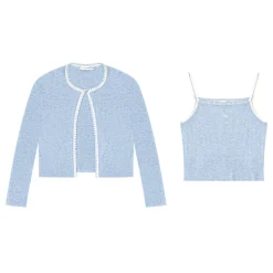 AsGony Shell Edge Embroidery Knit Cardigan Slip Vest Set Blue