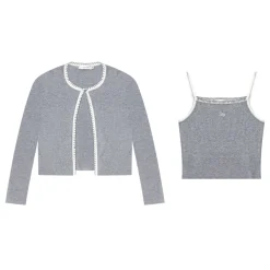 AsGony Shell Edge Embroidery Knit Cardigan Slip Vest Set Gray
