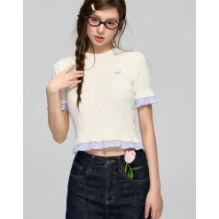 AsGony Stringy Selvedge Plaid Patchwork Twist Knit Top White