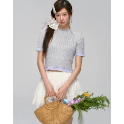 AsGony Stringy Selvedge Plaid Patchwork Twist Knit Top Gray