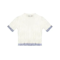 AsGony Stringy Selvedge Plaid Patchwork Twist Knit Top White