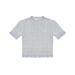 AsGony Stringy Selvedge Plaid Patchwork Twist Knit Top Gray