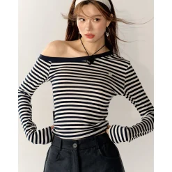 AsGony Striped Diagonal Shoulder Slim Top