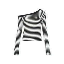 AsGony Striped Diagonal Shoulder Slim Top