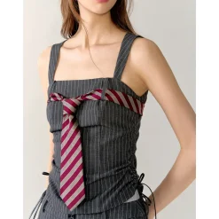 AsGony Striped Drawstring Pleated Vest