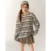 AsGony Striped Lapel Casual L/S T-Shirt Blue