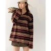AsGony Striped Lapel Casual L/S T-Shirt Purple