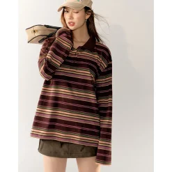 AsGony Striped Lapel Casual L/S T-Shirt Purple