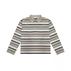 AsGony Striped Lapel Casual L/S T-Shirt Blue