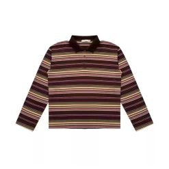 AsGony Striped Lapel Casual L/S T-Shirt Purple