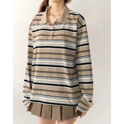 AsGony Striped Lapel Casual L/S T-Shirt Blue