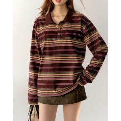 AsGony Striped Lapel Casual L/S T-Shirt Purple