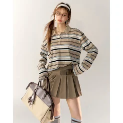 AsGony Striped Lapel Casual L/S T-Shirt Blue