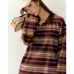 AsGony Striped Lapel Casual L/S T-Shirt Purple