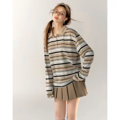 AsGony Striped Lapel Casual L/S T-Shirt Blue
