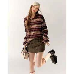AsGony Striped Lapel Casual L/S T-Shirt Purple
