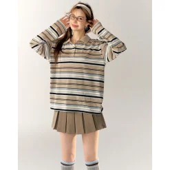 AsGony Striped Lapel Casual L/S T-Shirt Blue