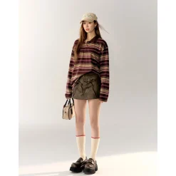 AsGony Striped Lapel Casual L/S T-Shirt Purple