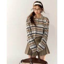 AsGony Striped Lapel Casual L/S T-Shirt Blue
