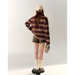 AsGony Striped Lapel Casual L/S T-Shirt Purple