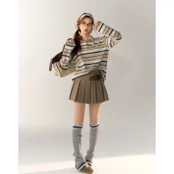 AsGony Striped Lapel Casual L/S T-Shirt Blue