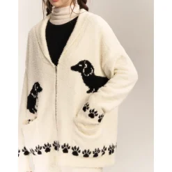 AsGony Towel Fleece Soft Puppy Jacquard Lapel Cardigan