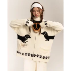 AsGony Towel Fleece Soft Puppy Jacquard Lapel Cardigan