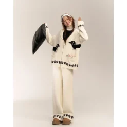 AsGony Towel Fleece Soft Puppy Jacquard Lapel Cardigan