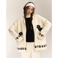 AsGony Towel Fleece Soft Puppy Jacquard Lapel Cardigan