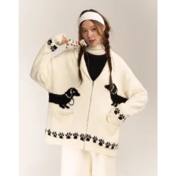 AsGony Towel Fleece Soft Puppy Jacquard Lapel Cardigan