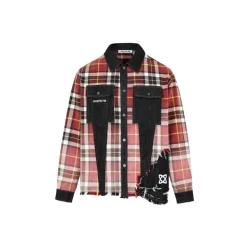 Aventen Pin Color Blocked Plaid Denim Shirt Red