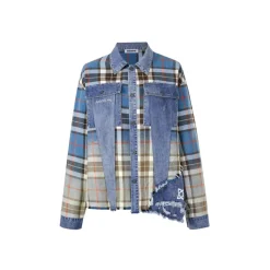 Aventen Pin Color Blocked Plaid Denim Shirt Blue