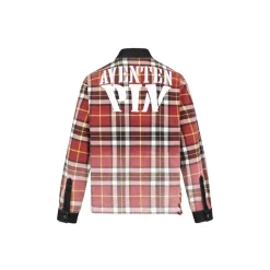 Aventen Pin Color Blocked Plaid Denim Shirt Red