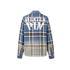 Aventen Pin Color Blocked Plaid Denim Shirt Blue